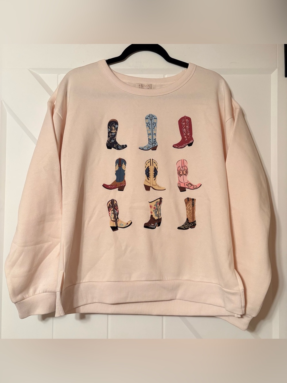Cowboy Boots Sweatshirt Stitch by Chenault Cream Western Pullover M NWT